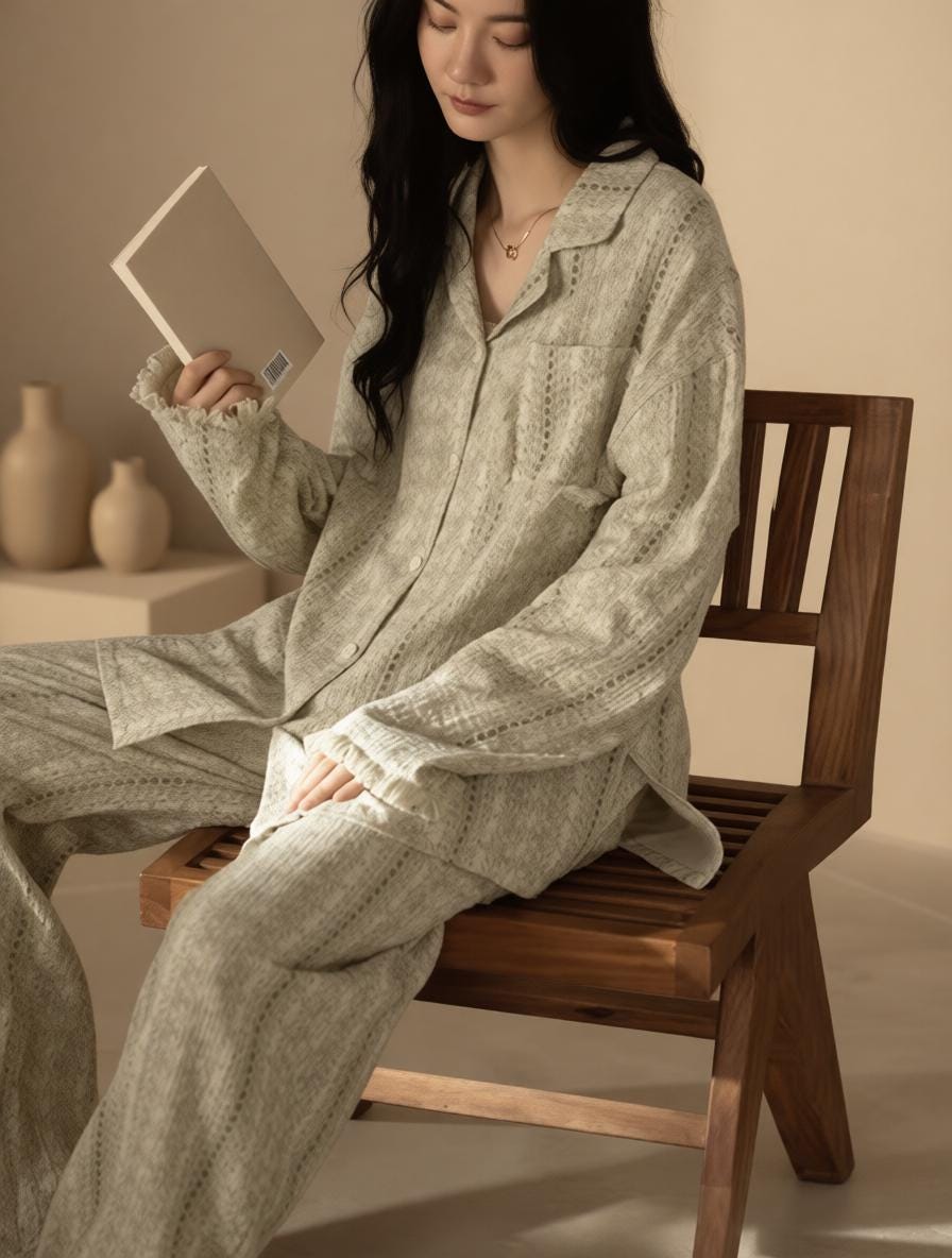 Blue gauze cotton pajama set for women by Lian Loungewear, comfortable zen meditation outfit with relaxed fit.