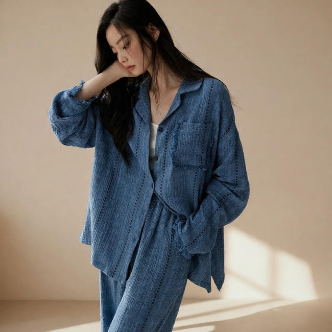 Blue gauze cotton pajamas set for women by Lian Loungewear, comfortable Zen meditation outfit with relaxed fit.