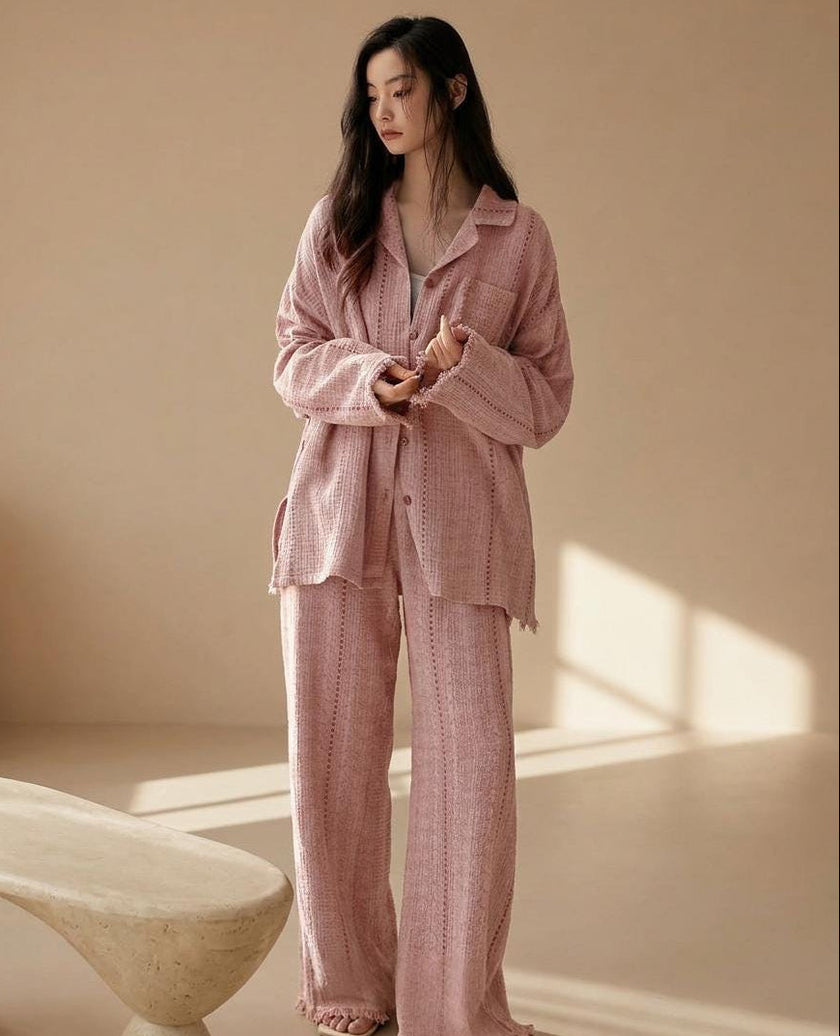 Blue gauze cotton pajamas set for women by Lian Loungewear, comfortable zen meditation outfit with relaxed fit and soft fabric.
