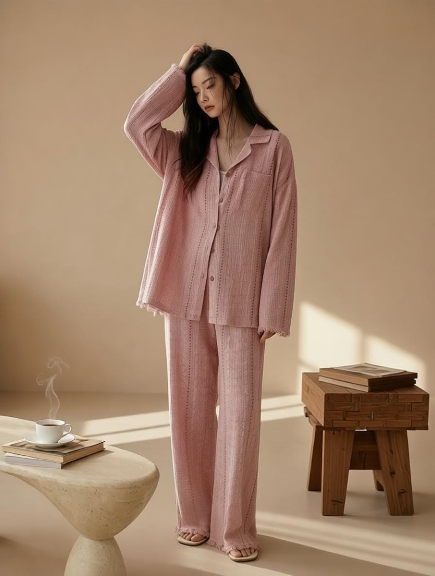 Blue gauze cotton pajamas set for women by Lian Loungewear, comfortable zen meditation outfit with relaxed fit.