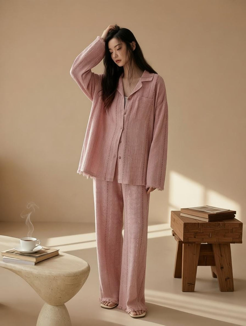 Blue gauze cotton pajamas set for women by Lian Loungewear, comfortable zen meditation outfit with relaxed fit.