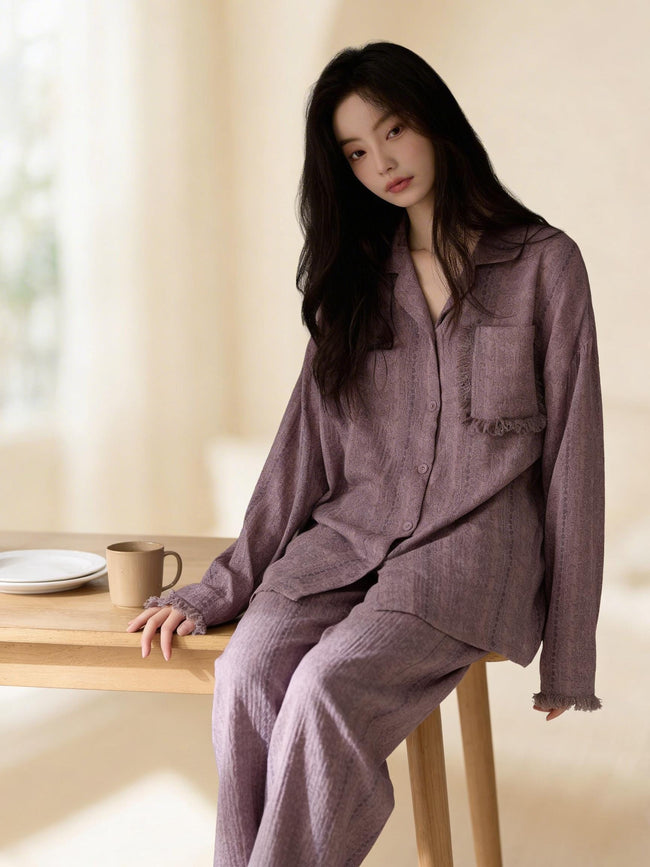 Blue gauze cotton pajamas set for women by Lian Loungewear, comfortable zen meditation outfit with relaxed fit and soft fabric.