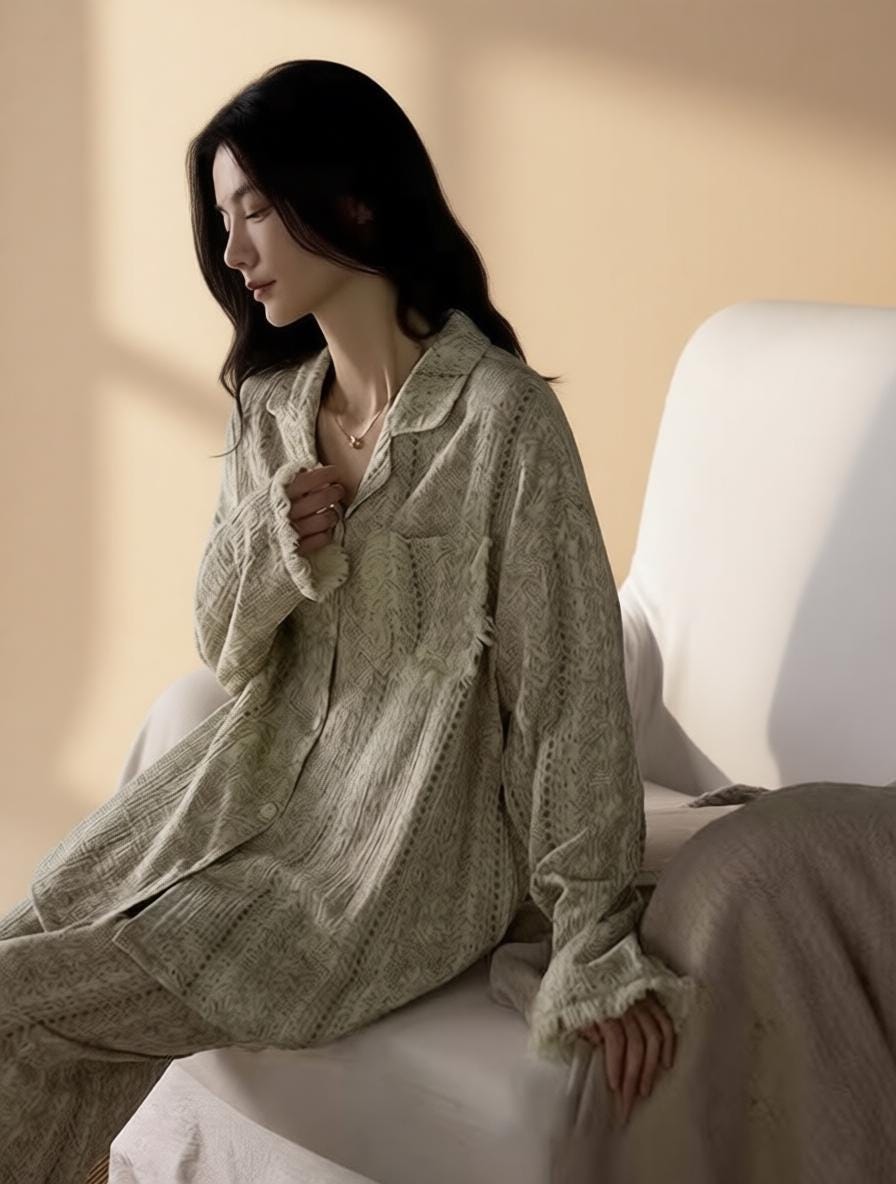 Blue gauze cotton pajamas set for women by Lian Loungewear, comfortable zen meditation outfit with relaxed fit and soft fabric.