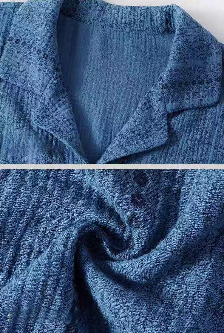 Blue gauze cotton pajamas set for women by Lian Loungewear, comfortable zen meditation loungewear for relaxation.