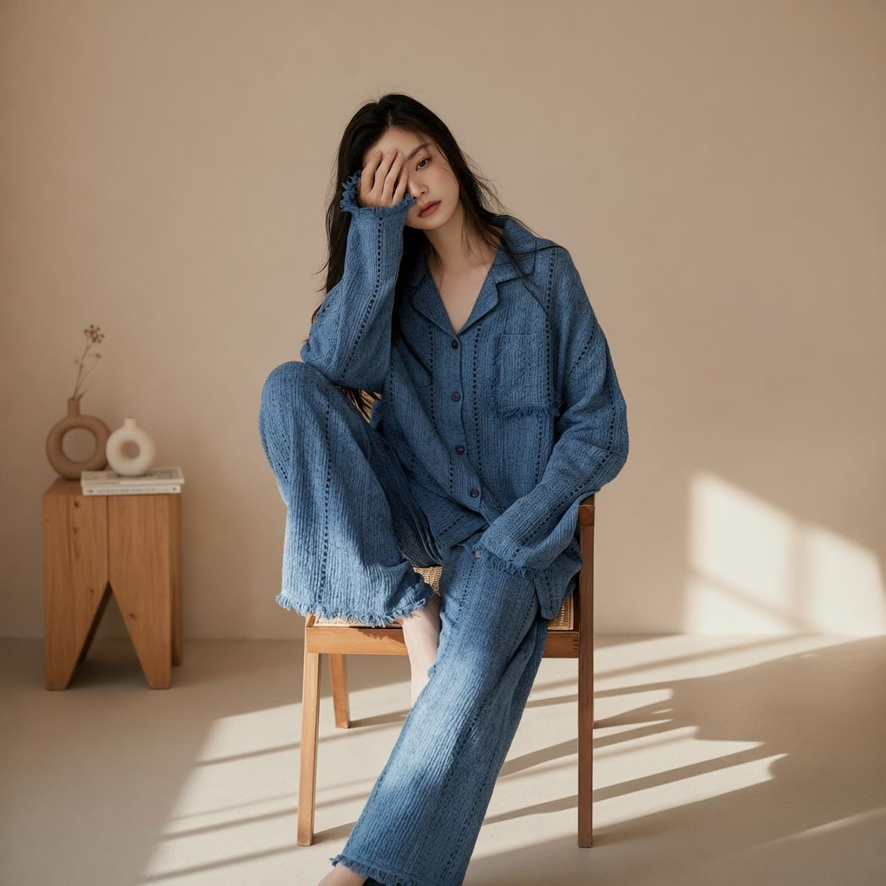 Blue gauze cotton pajamas set for women by Lian Loungewear, comfortable zen meditation outfit with relaxed fit.