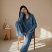 Blue gauze cotton pajamas set for women by Lian Loungewear, comfortable zen meditation outfit with relaxed fit.