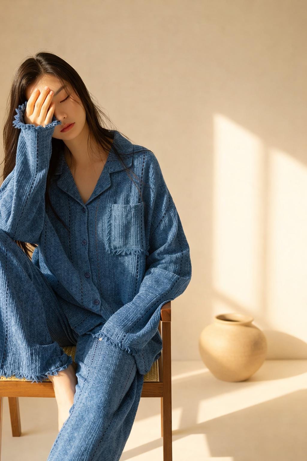 Blue gauze cotton pajamas set for women by Lian Loungewear, featuring a comfortable zen meditation outfit with relaxed fit.