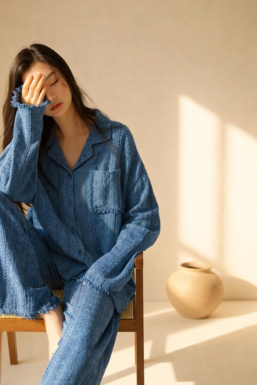Blue gauze cotton pajamas set for women by Lian Loungewear, featuring a comfortable zen meditation outfit with relaxed fit.
