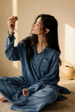 Blue gauze cotton pajamas set for women by Lian Loungewear, comfortable zen meditation outfit with relaxed fit and soft fabric.