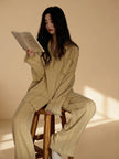 Blue gauze cotton pajamas set for women by Lian Loungewear, featuring a comfortable zen meditation outfit with relaxed fit and soft fabric.
