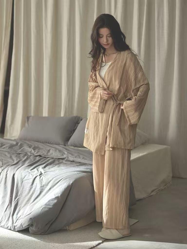 Lian Loungewear Cotton Gauze Kimono Pajama Set with soft cotton nightgown and pants, Japanese baby-grade loungewear.