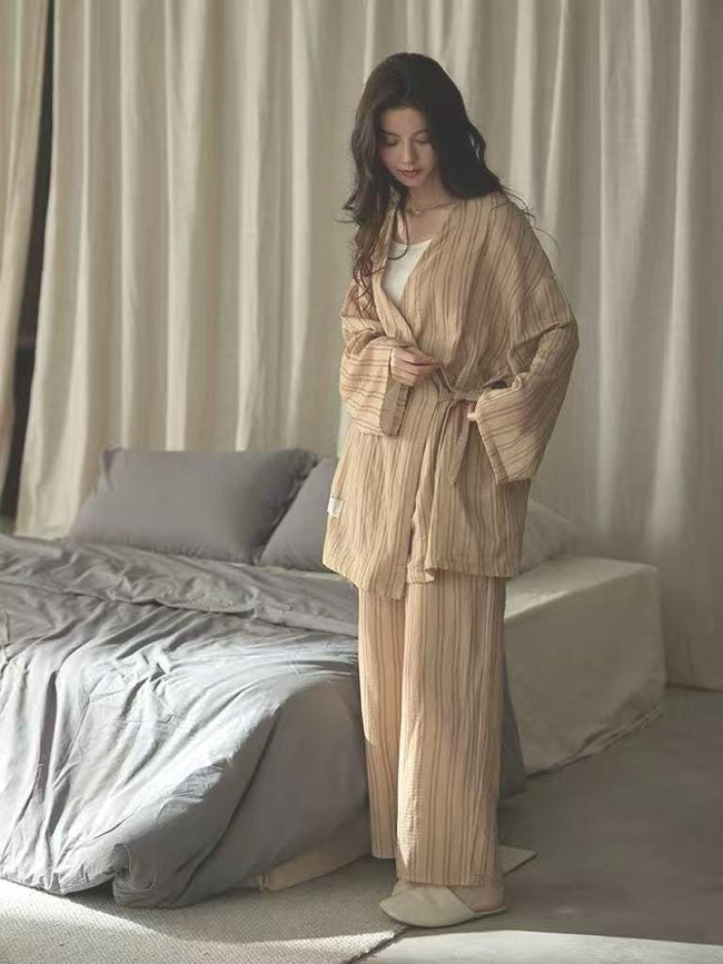 Lian Loungewear Cotton Gauze Kimono Pajama Set with soft cotton nightgown and pants, Japanese baby-grade loungewear.