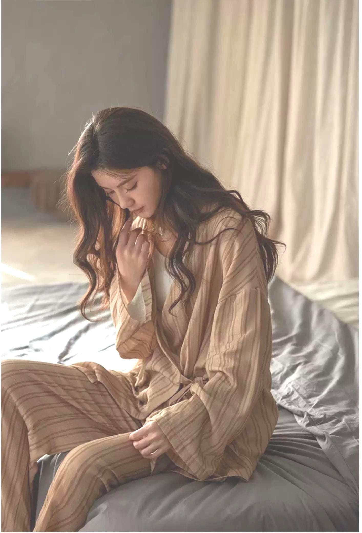 Lian Loungewear cotton gauze kimono pajama set with matching nightgown and pants, Japanese loungewear, soft baby-grade cotton fabric