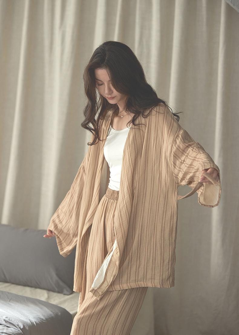 Lian Loungewear cotton gauze kimono pajama set with nightgown and pants, Japanese-inspired baby-grade softness loungewear.