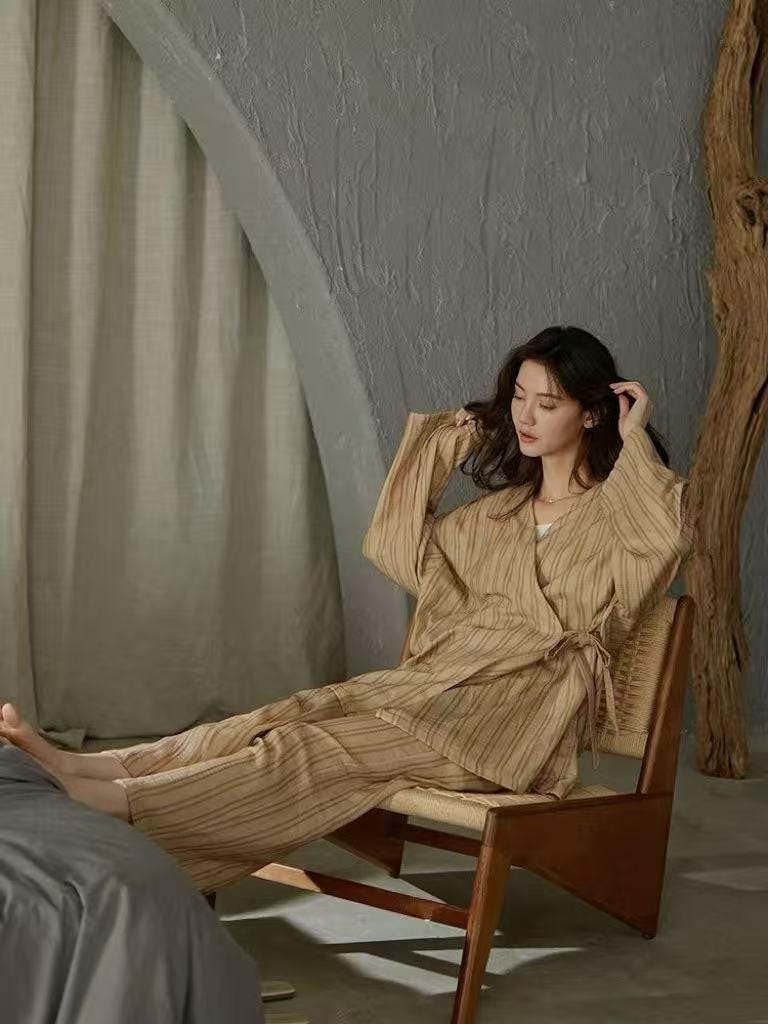 Lian Loungewear cotton gauze kimono pajama set with matching nightgown and pants, Japanese-inspired baby-grade soft cotton loungewear