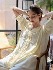Creamy yellow cotton loungewear set by Lian Loungewear with relaxed fit and two collar styles, perfect for winter comfort.
