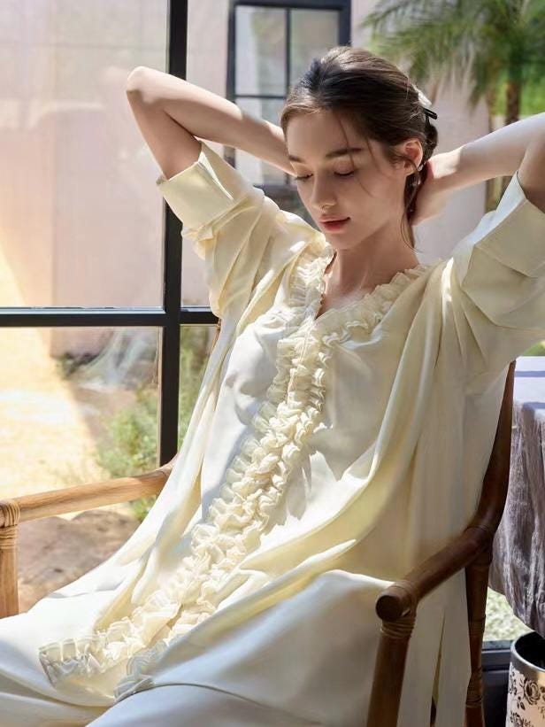 Creamy yellow cotton loungewear set by Lian Loungewear with relaxed fit and two collar styles, perfect for winter comfort.
