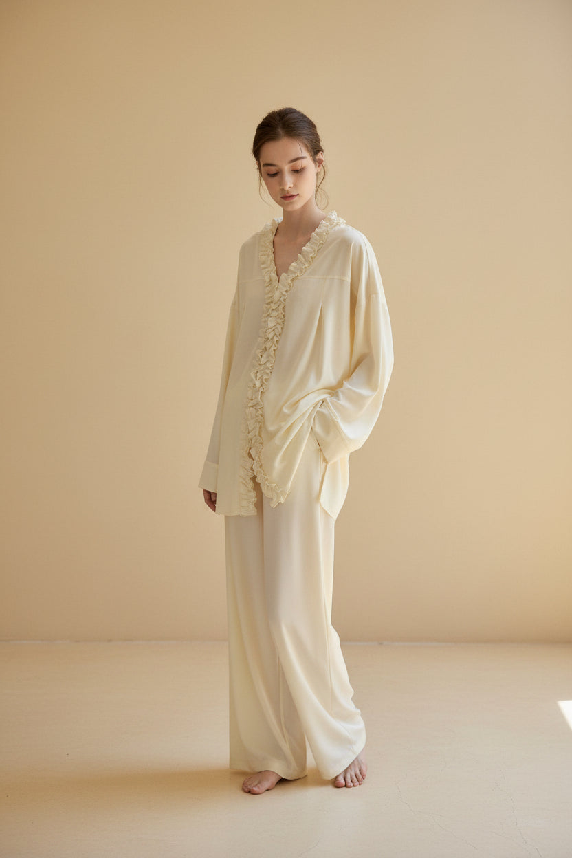 Creamy yellow cotton loungewear set by Lian Loungewear with relaxed fit and two collar styles, perfect for winter relaxation.