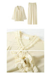 Creamy yellow cotton loungewear set by Lian Loungewear with relaxed fit and two collar styles, perfect for winter comfort.