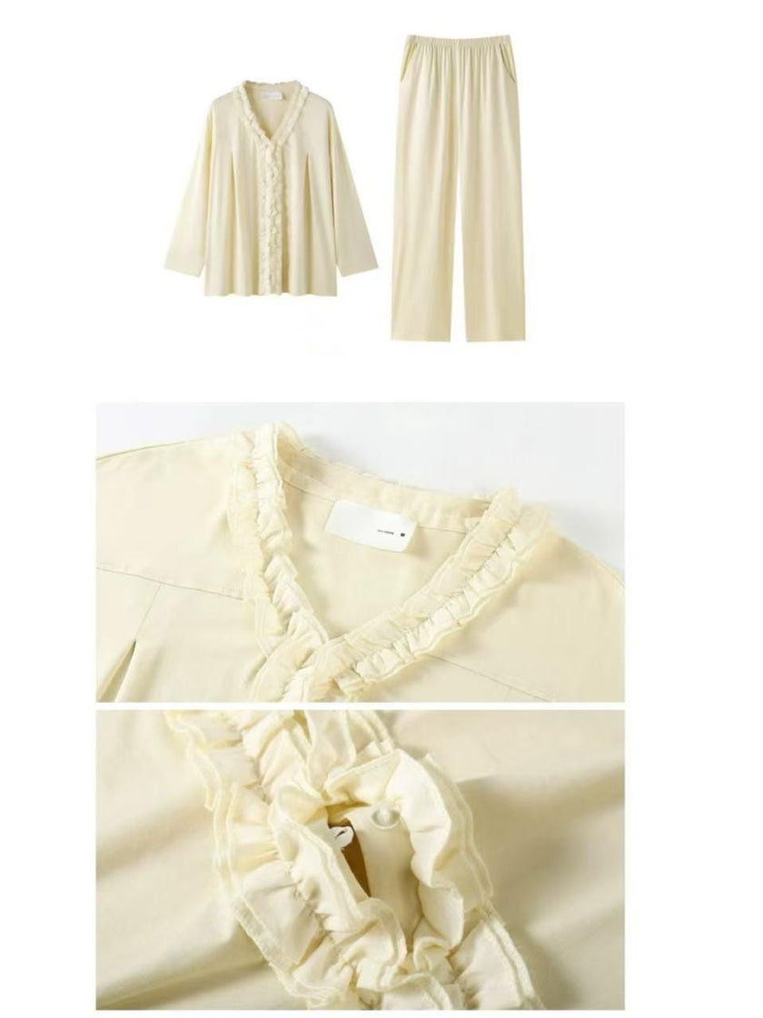 Creamy yellow cotton loungewear set by Lian Loungewear with relaxed fit and two collar styles, perfect for winter comfort.