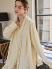 Creamy yellow cotton loungewear set by Lian Loungewear, relaxed fit pajamas with two collar styles for winter comfort.