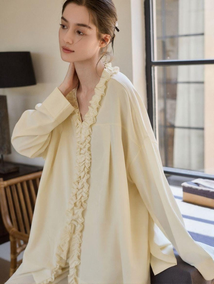 Creamy yellow cotton loungewear set by Lian Loungewear, relaxed fit pajamas with two collar styles for winter comfort.