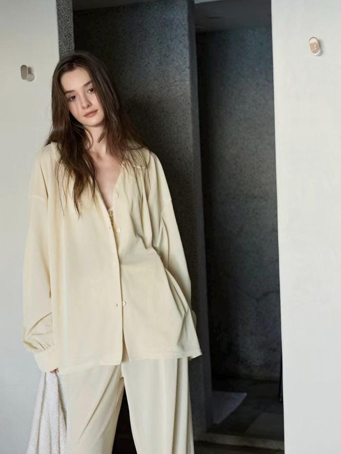 Creamy yellow cotton loungewear set by Lian Loungewear, relaxed fit pajamas with two collar styles for winter comfort.