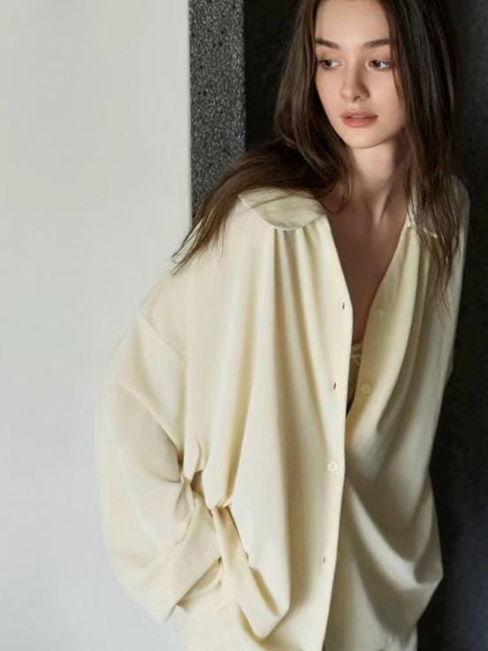 Creamy yellow cotton loungewear set by Lian Loungewear with relaxed fit and two collar styles, ideal for winter pajama comfort.