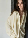 Creamy yellow cotton loungewear set by Lian Loungewear with relaxed fit and two collar styles, ideal for winter pajama comfort.