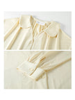 Creamy yellow cotton loungewear set by Lian Loungewear featuring relaxed fit pajamas with two collar styles for winter comfort.
