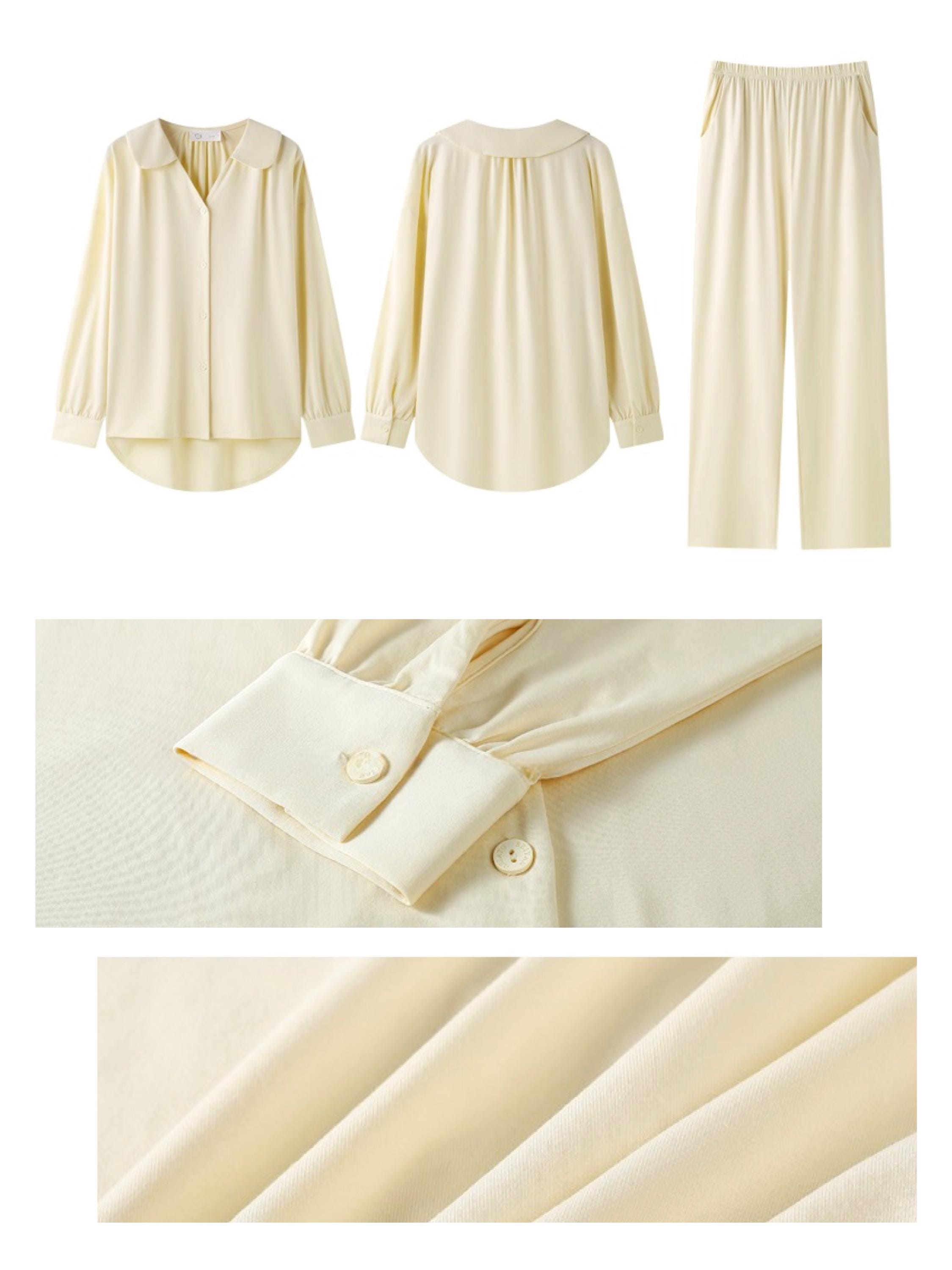 Creamy yellow cotton loungewear set by Lian Loungewear with relaxed fit and two collar styles, ideal for winter relaxation.