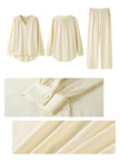 Creamy yellow cotton loungewear set by Lian Loungewear with relaxed fit and two collar styles, ideal for winter relaxation.