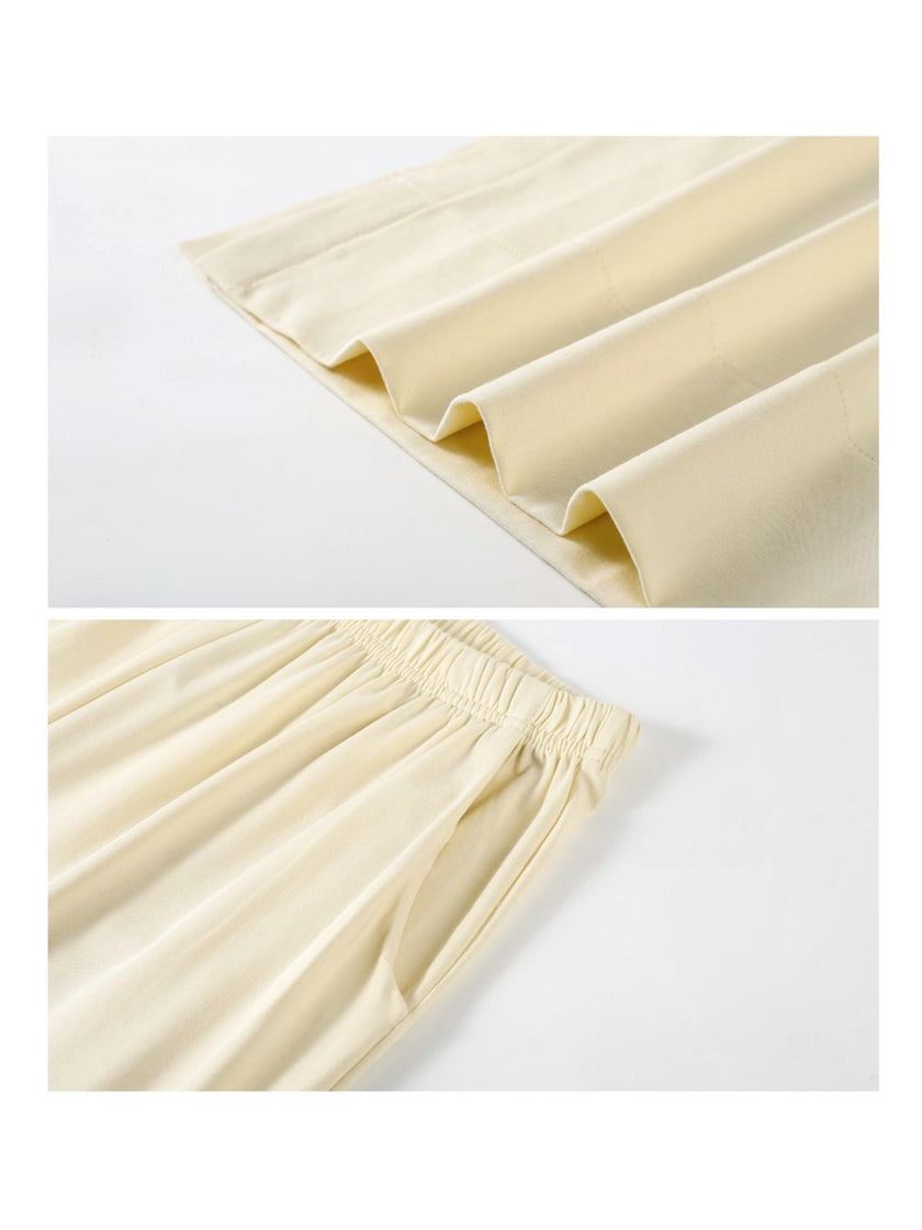 Creamy yellow cotton loungewear set by Lian Loungewear, relaxed fit pajamas with two collar styles for winter comfort.