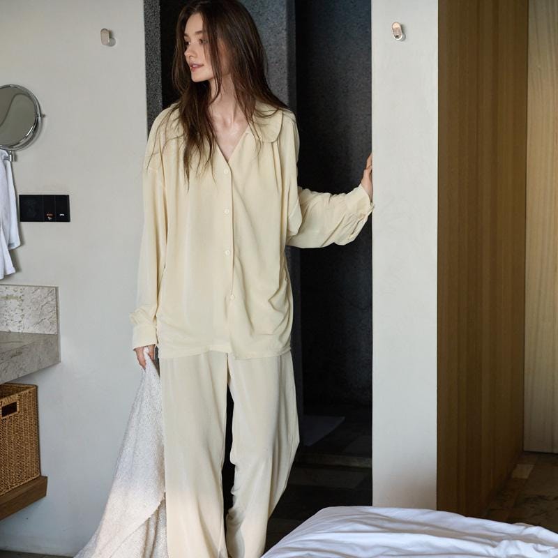 Creamy yellow cotton loungewear set by Lian Loungewear with relaxed fit and two collar styles, ideal for winter comfort.