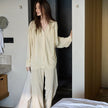 Creamy yellow cotton loungewear set by Lian Loungewear with relaxed fit and two collar styles, ideal for winter comfort.