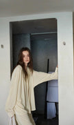 Creamy yellow cotton loungewear set by Lian Loungewear, relaxed fit pajamas with two collar styles for winter comfort.