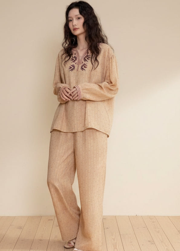 Lian Loungewear embroidered gauze cotton loungewear set with soft earth tone pyjama, featuring delicate embroidery and comfortable fit.