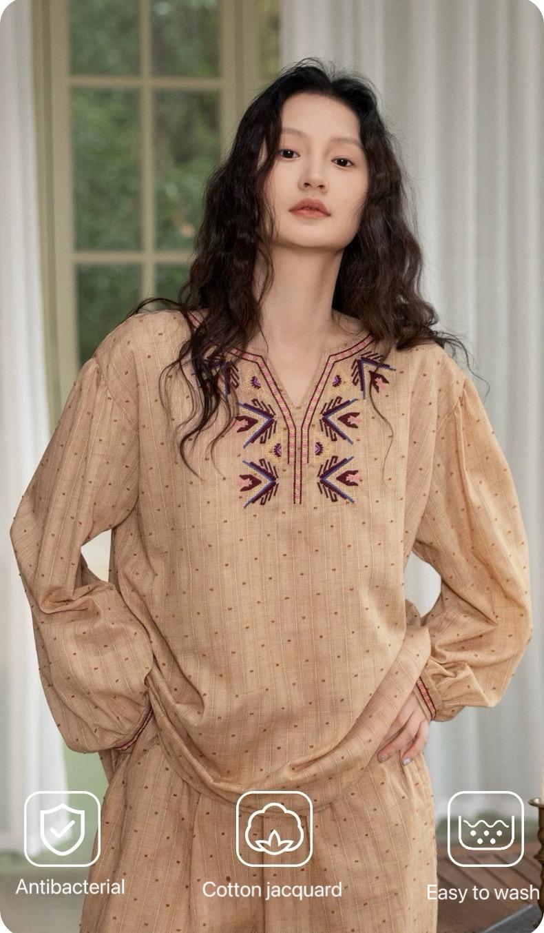Lian Loungewear embroidered gauze cotton loungewear set in soft earth tone, comfortable pajamas with delicate embroidery.
