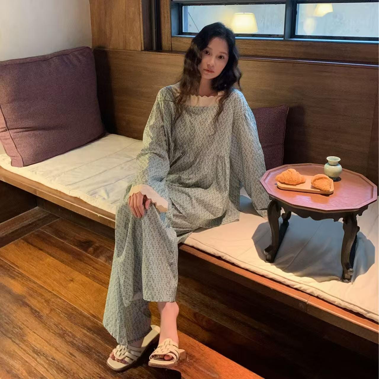 Lian Loungewear floral bamboo cotton loungewear set with vintage lace trim pajamas, comfortable and stylish for relaxed wear.