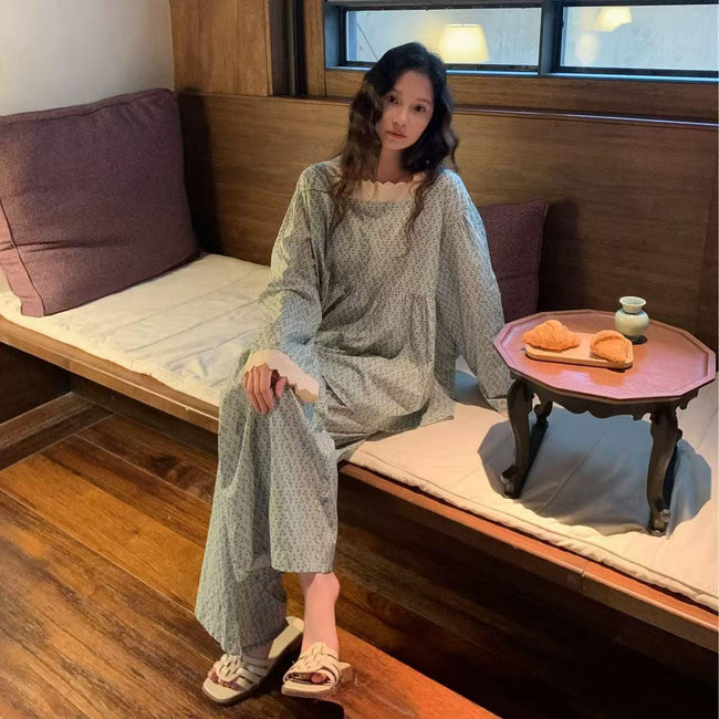 Lian Loungewear floral bamboo cotton loungewear set with vintage lace trim pajamas, comfortable and stylish for relaxed wear.