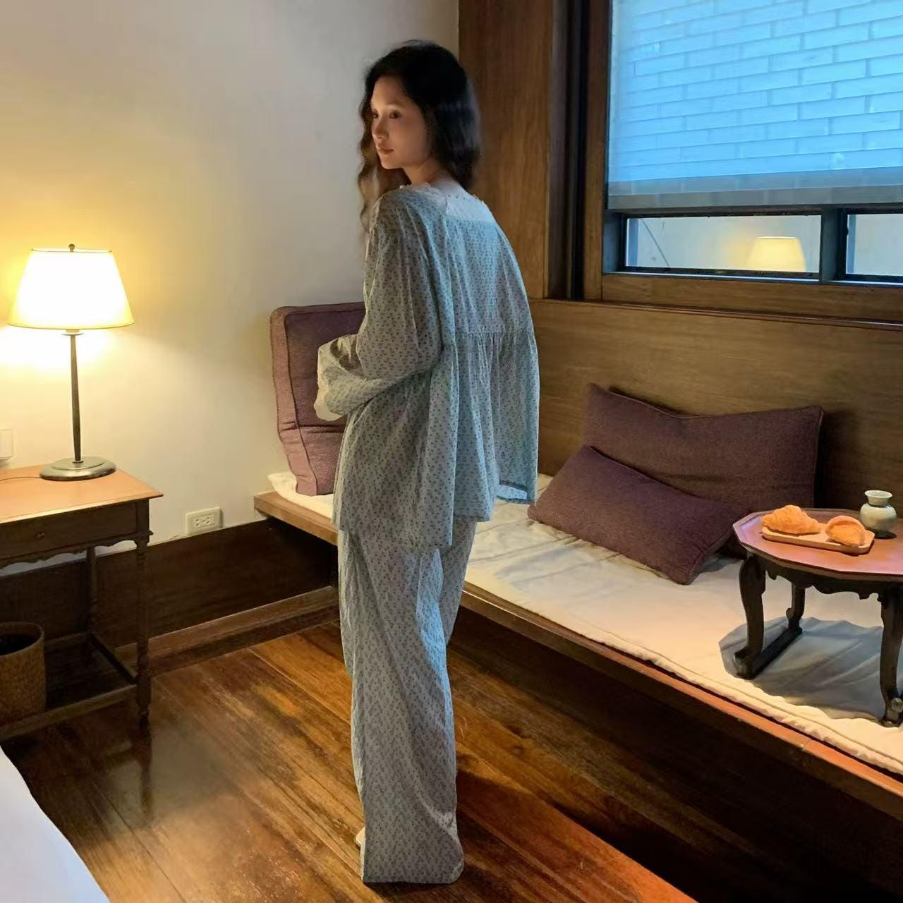 Lian Loungewear floral bamboo cotton loungewear set with vintage lace trim, featuring comfortable pajama top and pants.