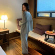 Lian Loungewear floral bamboo cotton loungewear set with vintage lace trim, featuring comfortable pajama top and pants.