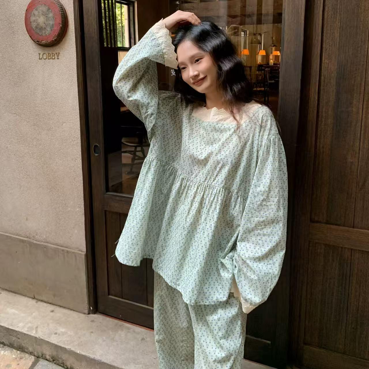 Lian Loungewear floral bamboo cotton loungewear set with vintage lace trim, featuring comfortable pajamas for relaxed wear.