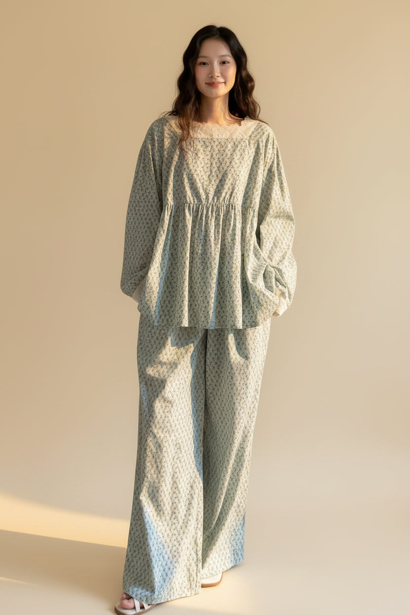 Lian Loungewear floral bamboo cotton loungewear set with vintage lace trim, featuring comfortable pajama top and matching bottoms.