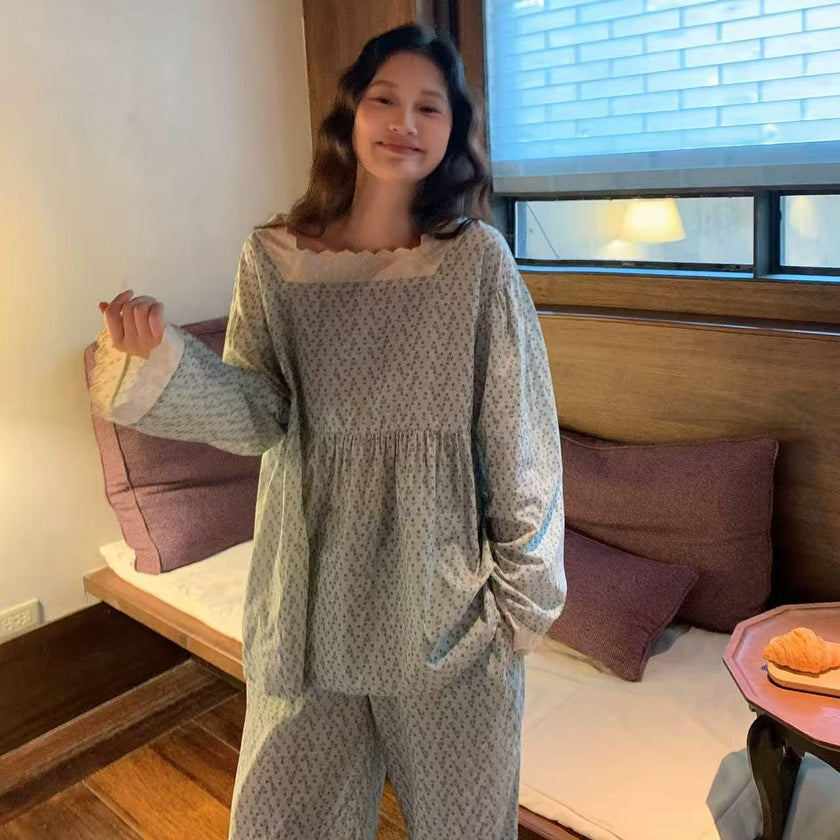 Lian Loungewear floral bamboo cotton loungewear set with vintage lace trim, featuring comfortable pajama top and pants.