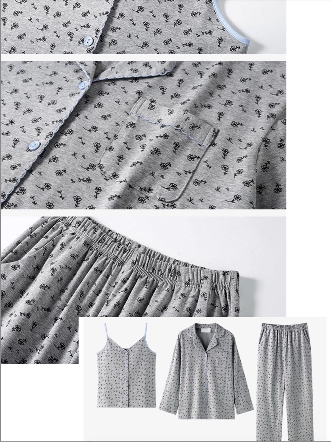 Women's floral cotton pajama set by Lian Loungewear, featuring a 3-piece loungewear ensemble with matching top, bottom, and sleep mask.