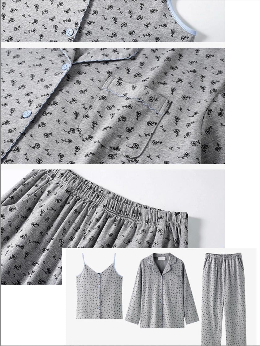 Women's floral cotton pajama set by Lian Loungewear, featuring a 3-piece loungewear ensemble with matching top, bottom, and sleep mask.