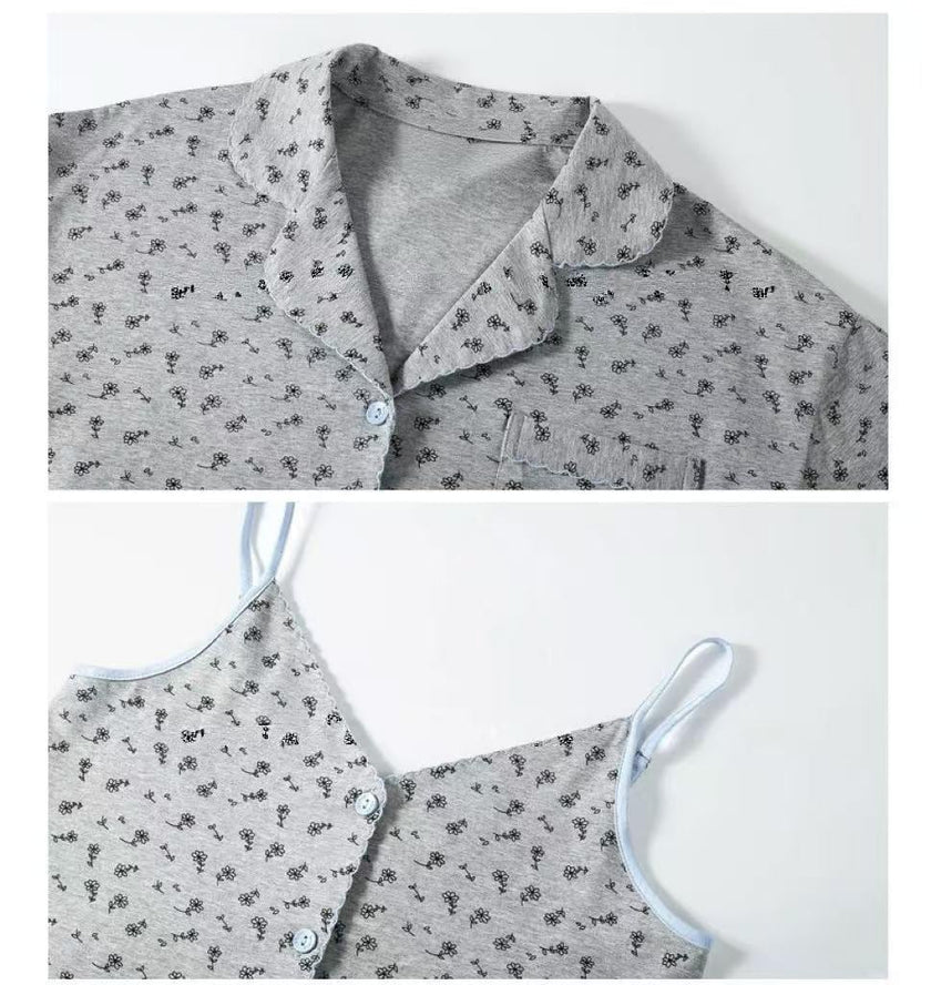 Women's floral cotton pajama set by Lian Loungewear, 3-piece loungewear with matching top, pants, and sleep shorts.