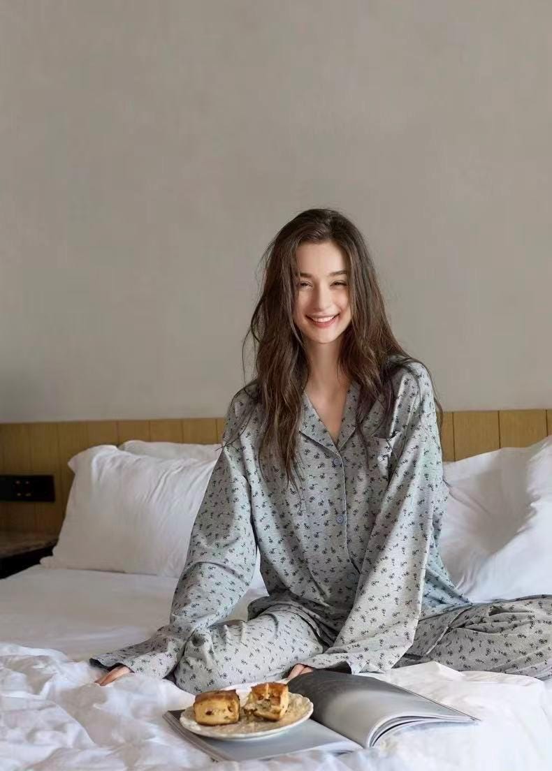 Women's floral cotton pajama set by Lian Loungewear, includes three-piece loungewear with matching top and pants.
