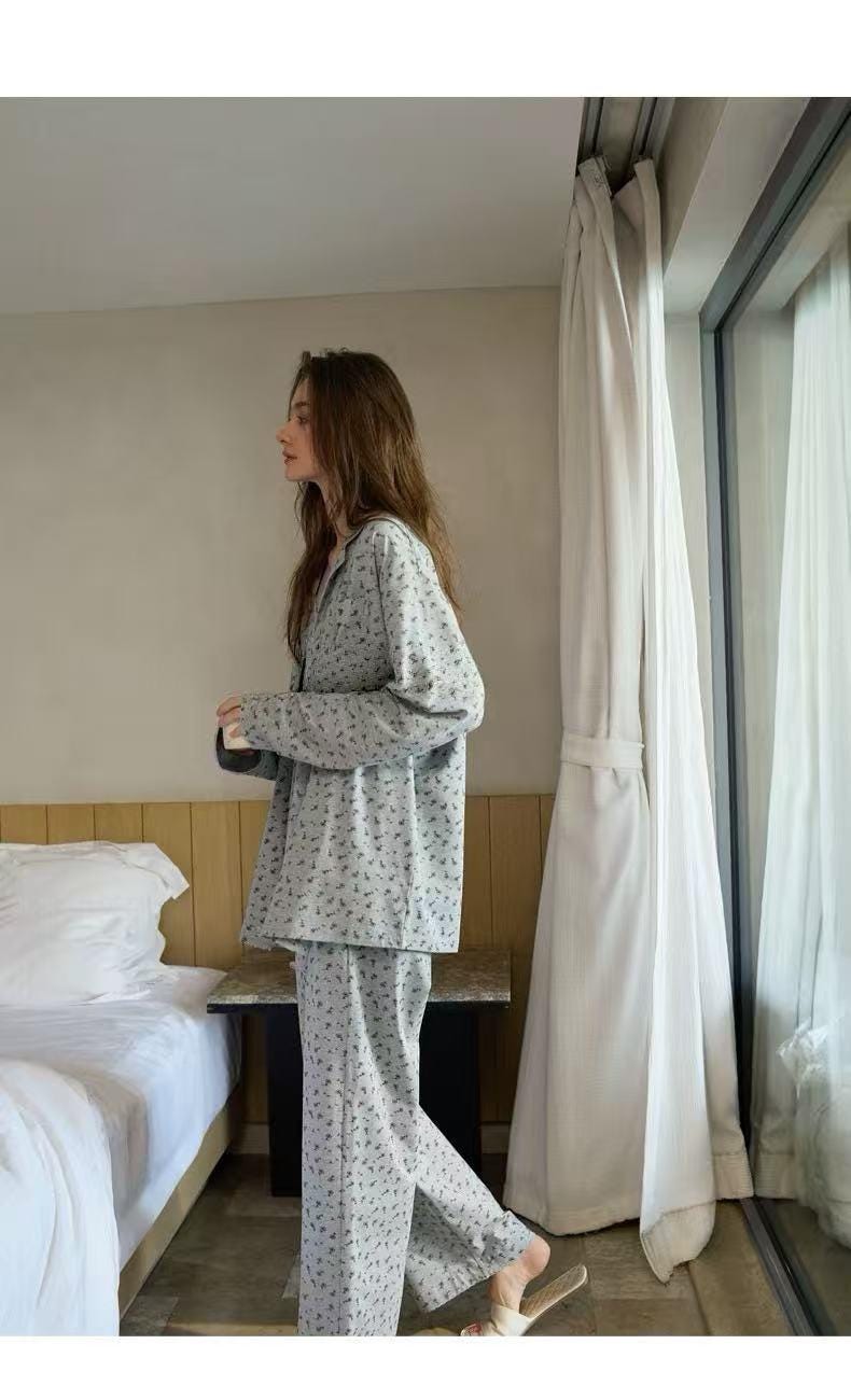 Lian Loungewear floral cotton pajama set, 3-piece women’s loungewear with matching top, bottoms, and sleep mask in soft fabric.